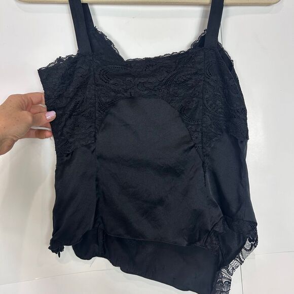 Vintage Anne Klein Top Blouse XS Black Silk y2k 90s Lace Trim Cami Asymmetrical - Picture 12 of 12